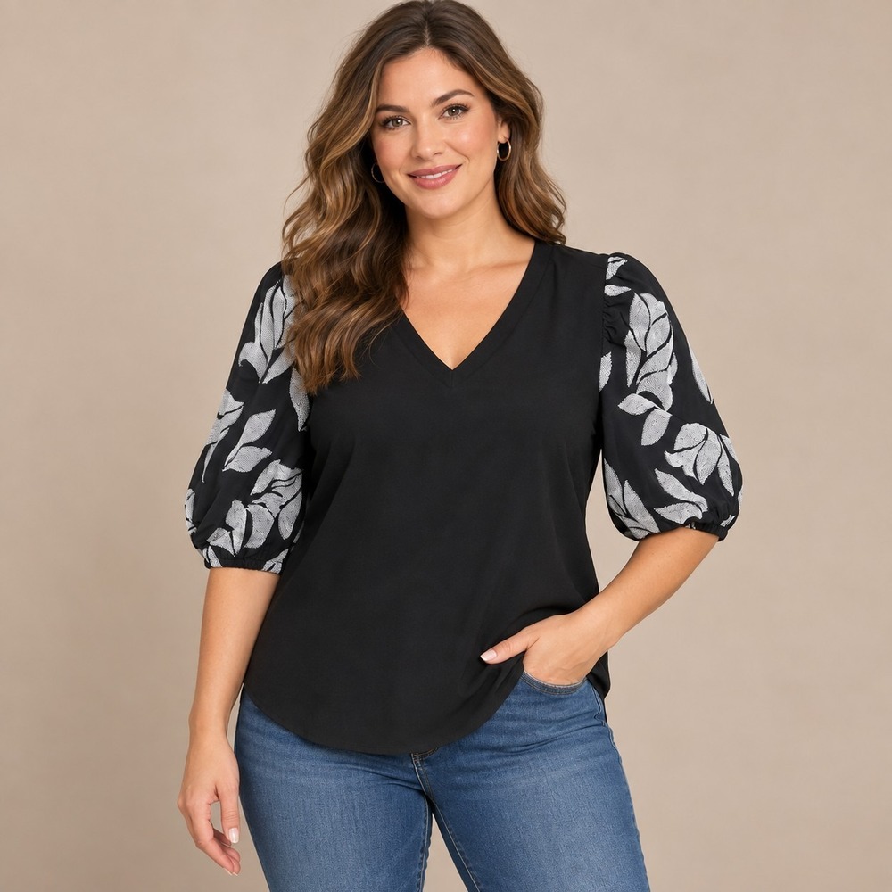 Chico's Black Textured Puff Sleeve Top Women's 1 Medium Boho Chic Romantic Goth